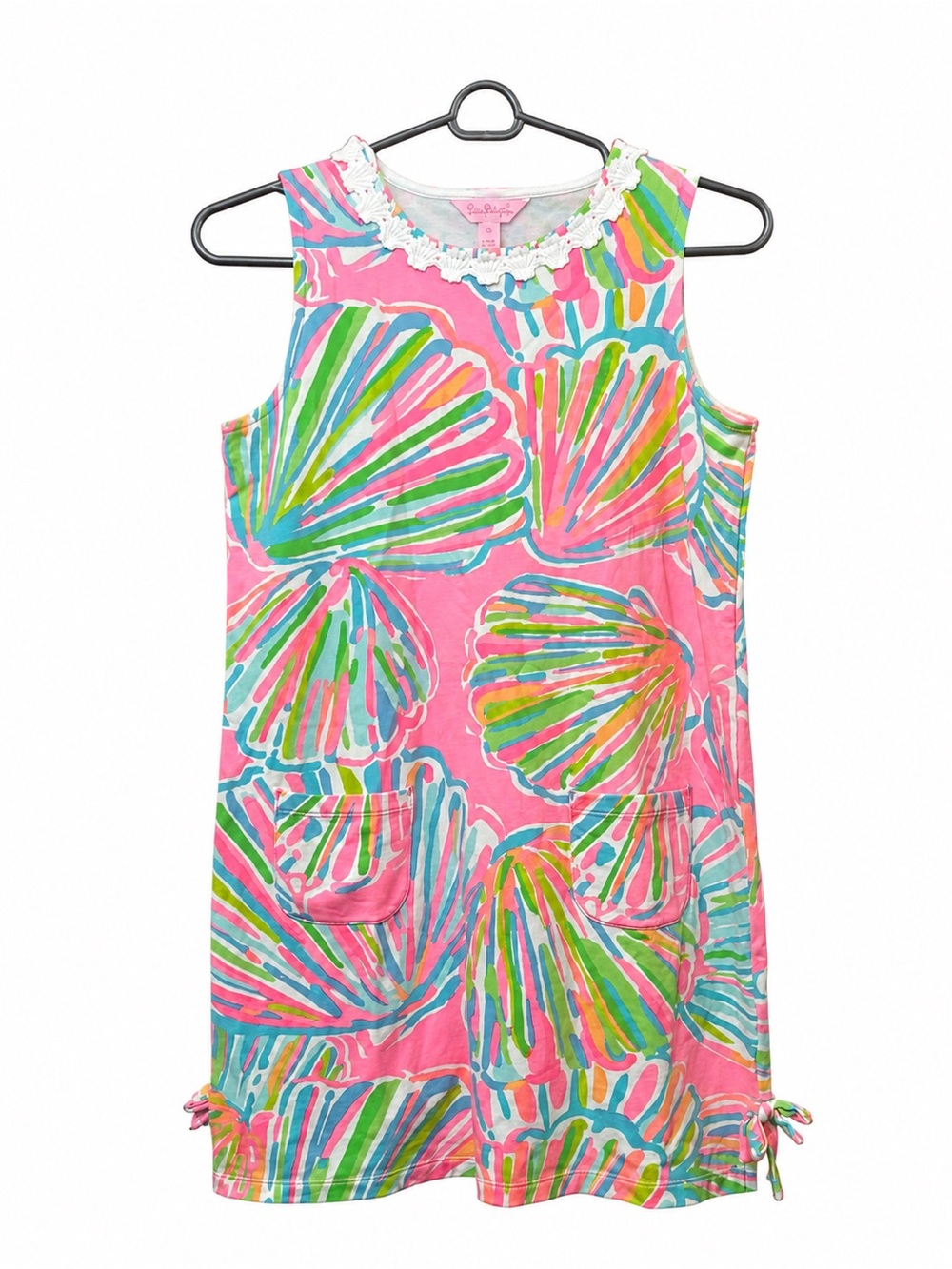 Lilly Pulitzer Sleeveless Shift Dress Seashell Print Pink Ruffle Collar
